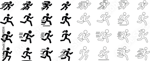 image displays of running and walking icon set. used to symbolize movement fitness or activity in various contexts workout modes or goals related to speed progress or routes web design infographics