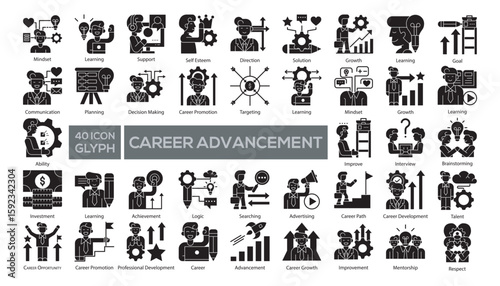 Set of career-related illustrations in glyph style. Suitable for business, HR, and education materials