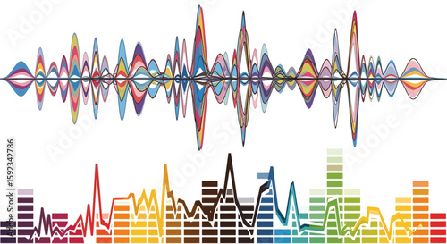 Colorful audio spectrum visualization with waveform and equalizer representation on white background