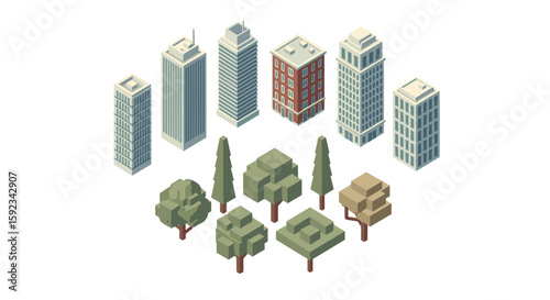 Isometric city scene featuring various skyscrapers and trees arranged in a circular formation on white