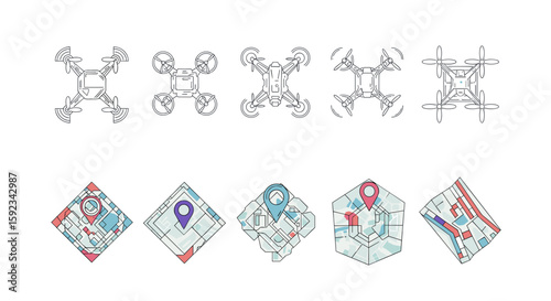 Illustration featuring drone designs and map pins in diamond shaped geometric backgrounds