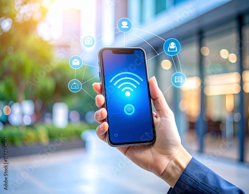 Person Holding Smartphone Vertically with Holographic AI Assistant Interface Floating