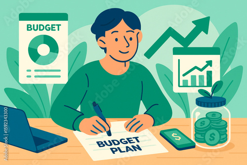 A cheerful person works on a budget plan at a desk, surrounded by charts, a laptop, a money jar, and upward-trending graphs, symbolizing financial growth and planning. The vibrant scene promotes savin