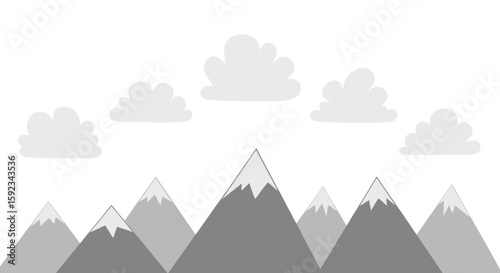 Illustration of a grayscale mountain range with snow capped peaks under fluffy clouds in a white sky