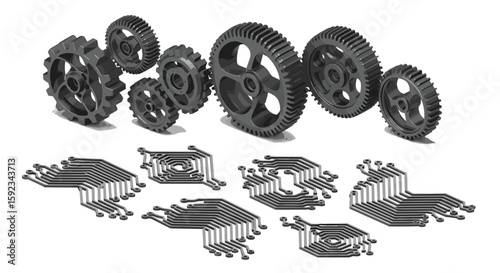Arrangement of gears above circuit board patterns on a white background in a digital rendering