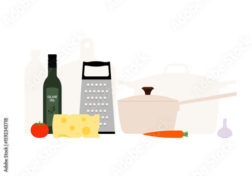 Saucepan with vegetables, cheese, olive oil, and grater. Ingredients and tools for healthy cooking. Simple illustration, stock flat vector, isolated.