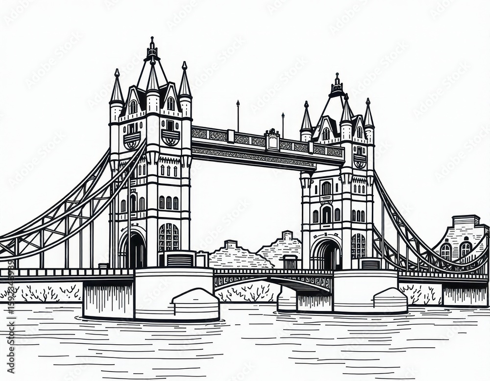 Obraz premium London Tower Bridge Line Art Illustration - Black and White Sketch