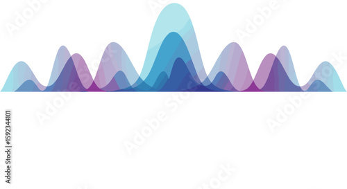 Abstract illustration of overlapping translucent peaks in shades of blue and purple on white background