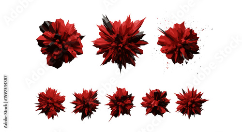A group of nine red and black spiky abstract shapes arranged on a white background in two rows