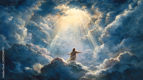 Watercolor Jesus ascending into heaven with light rays and clouds parting above 