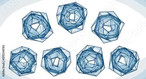 Geometric crystal formations arranged in a group with blue hues and polygonal structures displayed clearly