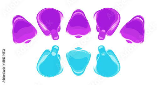 Arrangement of glossy purple and blue stylized water droplets on a white plain background view from above