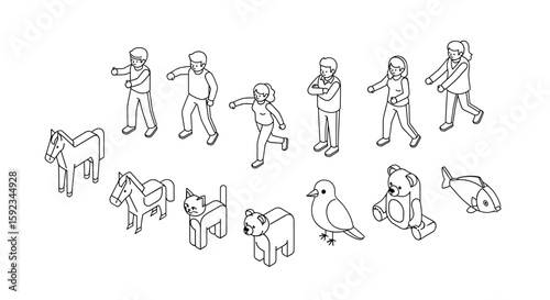 Isometric outline illustration featuring a group of people and various animals in a simple drawing style