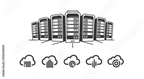 Illustration of server racks with cloud icons representing data storage and network connectivity