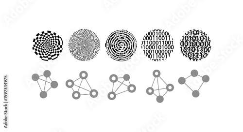 Fingerprints with binary code and abstract patterns above network connection diagrams in grayscale design