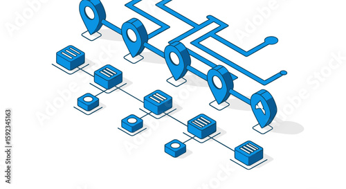 Isometric illustration depicting a network of blue location pins and data cubes connected by lines