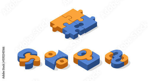 Isometric puzzle pieces in orange and blue forming various shapes on a white background above view