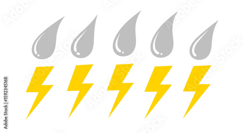 Illustration of five raindrops above five lightning bolts indicating a thunderstorm weather event
