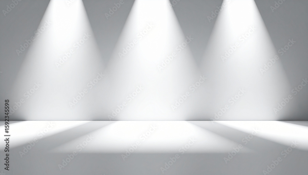 Obraz premium the image showcases an empty space with bright lighting, setting a minimal and focused scene. three distinct beams of bright light originate from the top, converging on the floor