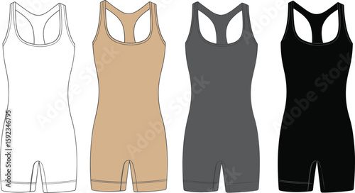 Racerback romper cad drawing flat vector illustration, one-piece fitted workout bodysuit, compression garment front view athletic fashion template