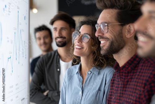 group of teachers with hopeful faces seeing progress spike on digital dashboard