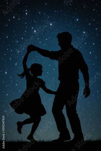 A heartwarming silhouette of a father and daughter dancing under a starry night sky, symbolizing love and joy. The serene scene captures their bond against a backdrop of twinkling stars, evoking peace