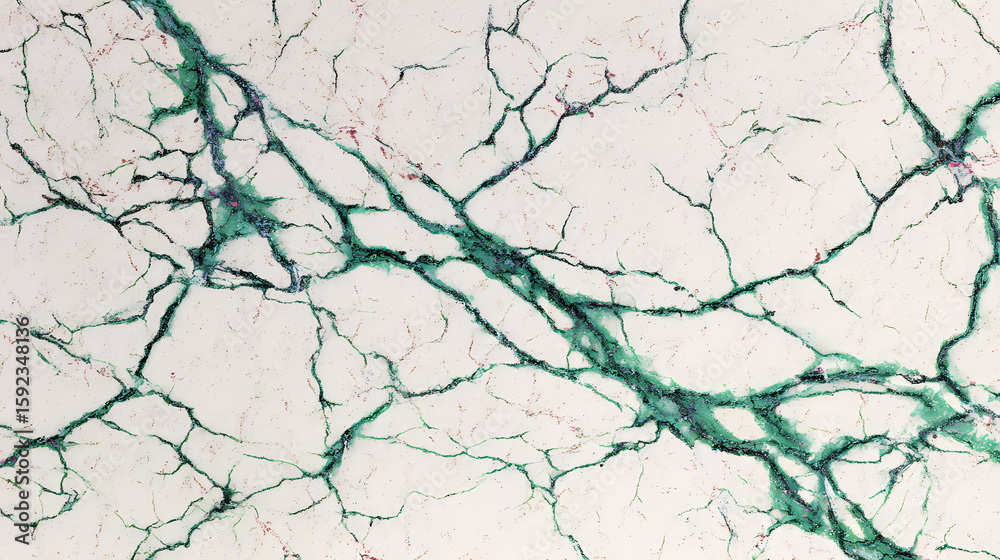 Fototapeta premium Green vein pattern on white marbled surface showcasing linear branch structures. vein lattice. Illustration