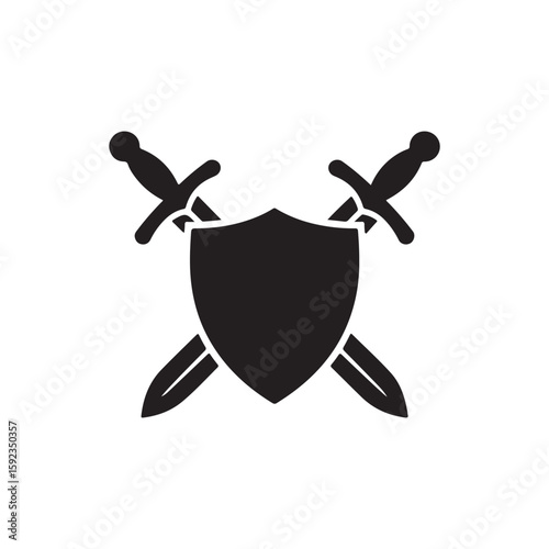 Black silhouette of crossed swords and shield on a white background