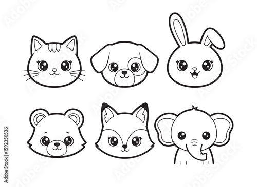 Vector illustration icons featuring various pet animals Kitten, Puppy, Rabbit, Bear, Fox, Elephant
