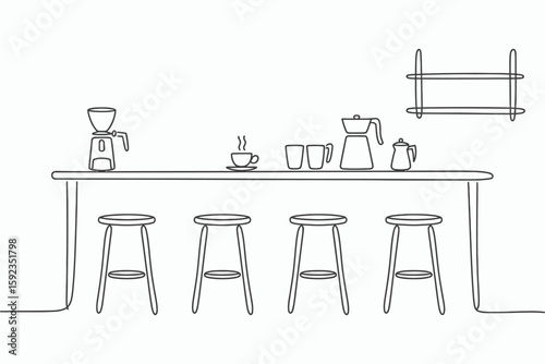 Minimalist line drawing of a coffee bar with stools and brewing equipment isolated on white background
