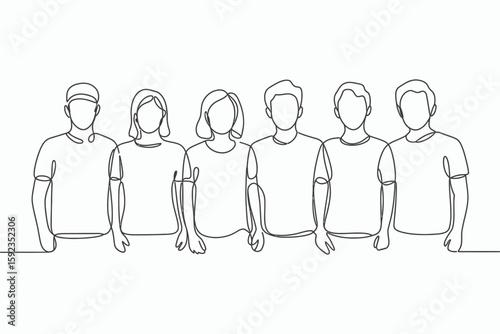 Minimalist line art depicting a diverse group of people standing together isolated on white background