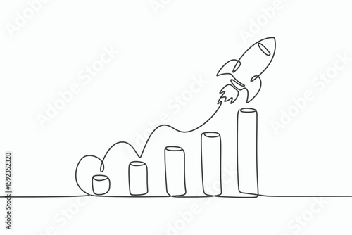 Continuous line drawing of a rocket launching upwards on a growing bar chart isolated on white background