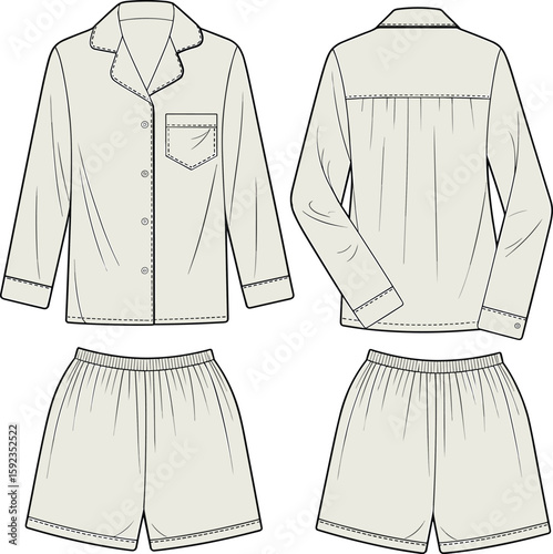 Pajama set cad drawing flat vector illustration, button-up shirt with pocket and shorts, front and back view fashion loungewear apparel template