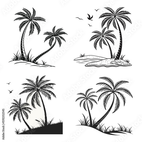 Tropical palm tree silhouette on a beach with sunset and ocean view vector illustration