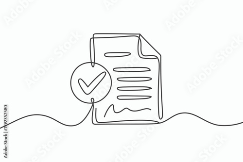 Continuous line drawing of a document with a checkmark isolated on white background