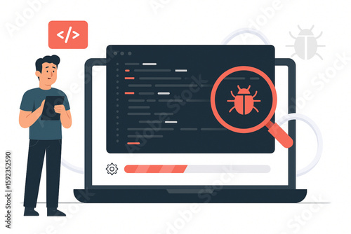 Software Developer Debugging Code on Laptop with Magnifying Glass Highlighting Bug, Representing Software Testing and Quality Assurance Process with Code Snippet and Progress Bar