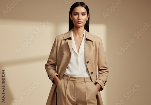 Woman in beige trench coat and pants fashion style portrait
