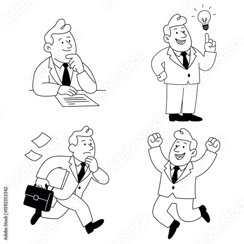 Set of Retro Cartoon Businessman Characters in Mid-Century Style Thinking, Getting Idea, Running Late, and Celebrating Success