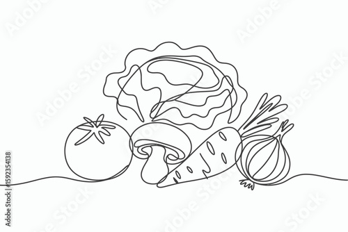 Continuous line drawing of assorted fresh vegetables isolated on white background