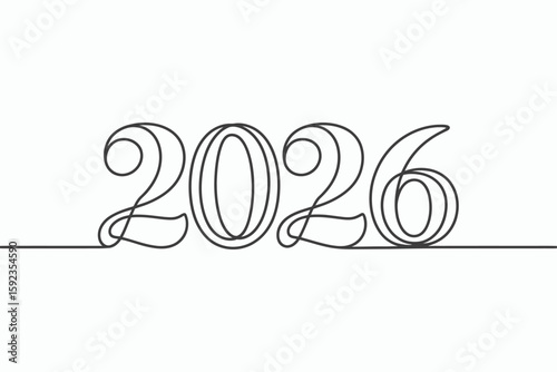 Elegant continuous line art of the year 2026 isolated on white background