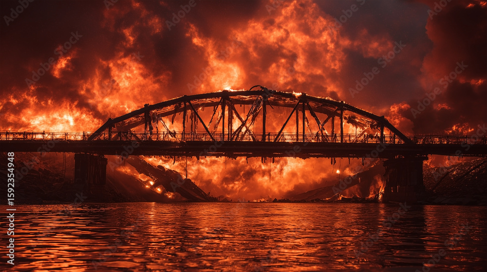 Naklejka premium A bridge is on fire and the water is orange
