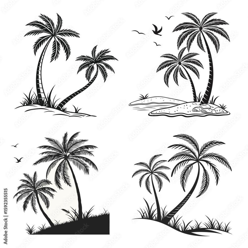 Fototapeta premium Tropical palm tree silhouette on a beach with sunset and ocean view vector illustration