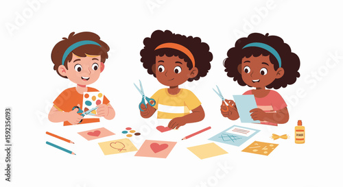 Three children crafting together, cutting paper and making cards at a table.