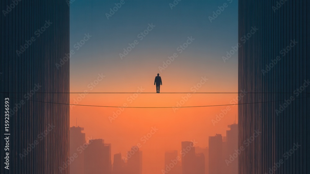 Fototapeta premium Solo Figure Balancing on Tightrope Against Vibrant Urban Sunset