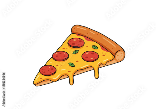 Slice of pepperoni pizza with melted cheese and basil on a transparent background