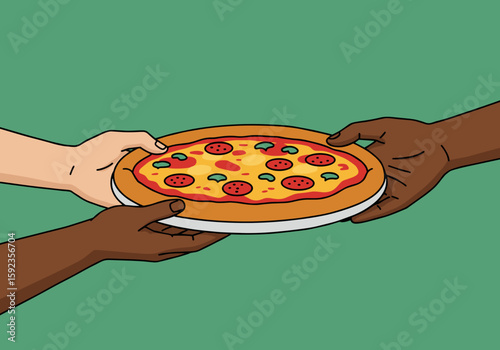 Hands sharing a pizza on green background with copy space