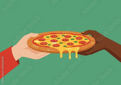 Hands exchanging a pizza with melted cheese on green background
