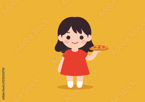 Cute girl holding a slice of pizza on yellow background with copy space