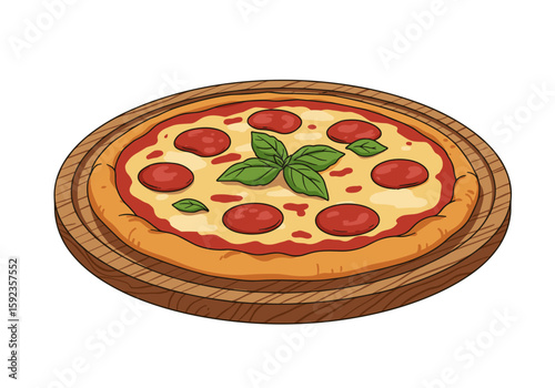 Delicious pepperoni pizza with basil on wooden board with transparent background