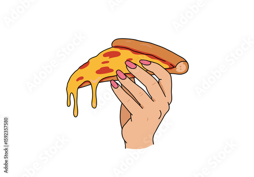 Hand holding a slice of cheesy pizza with dripping cheese on a transparent background